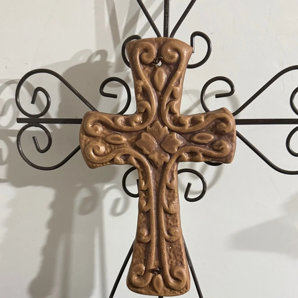 Brown Ceramic Cross over Blake Metal cross. Wall Cross Decor
